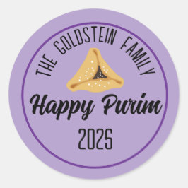 Paarse Happy Purim Hamentashen Classic Round Stick Ronde Sticker
