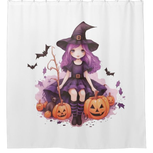  Paarse harige pompoenen & vleermuizen Douchegordijn (Voorkant)