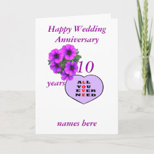 Paarse hart en bloemen Jubileum namen toevoegen, Kaart