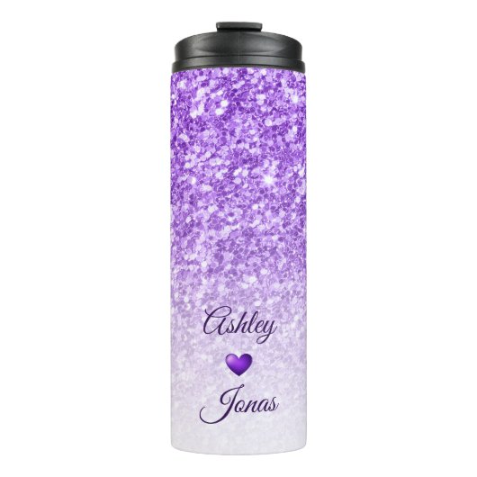 Paarse hart en glitter thermosbeker (Voorkant)