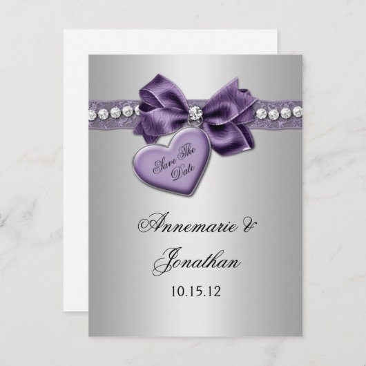 Paarse Hart Ribbon Diamonds Silver Save The Date Aankondigingskaart (Voorkant / Achterkant)