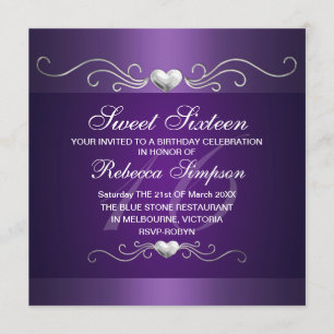 Paarse Hart Sweet Sixteen Verjaardagsuitnodiging Kaart