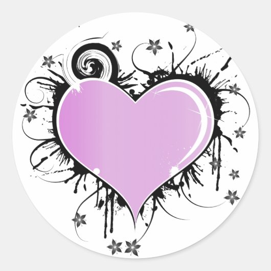 Paarse Hart Tattoo Stijl met Bloemen Ronde Sticker (Voorkant)