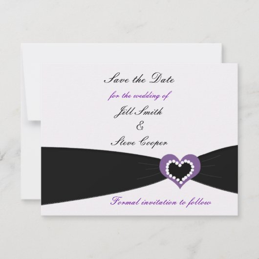 Paarse Hart Zwarte Lint Bewaar de Datum Save The Date (Voorkant)