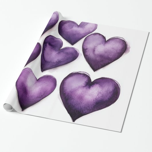 Paarse Harten Aquarel Digitale Kunst Cadeaupapier (Uitgerold)