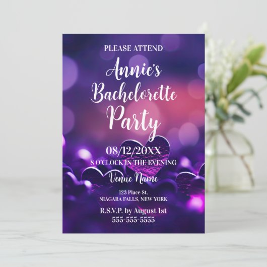 Paarse Harten Bokeh Bachelorette Party Kaart (Staand voorkant)