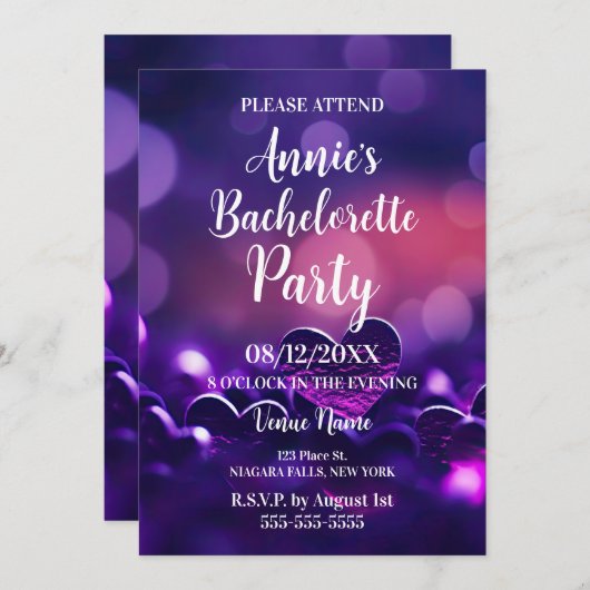 Paarse Harten Bokeh Bachelorette Party Kaart (Voorkant / Achterkant)