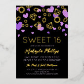 Paarse harten en gouden Pareltjes Sweet 16 Folie Uitnodiging (Voorkant)