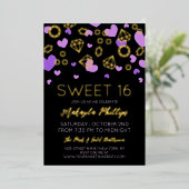 Paarse harten en gouden Pareltjes Sweet 16 Folie Uitnodiging (Staand Voorkant)