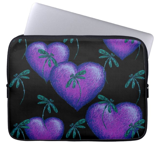 Paarse harten en libellen laptop sleeve (Voorkant)