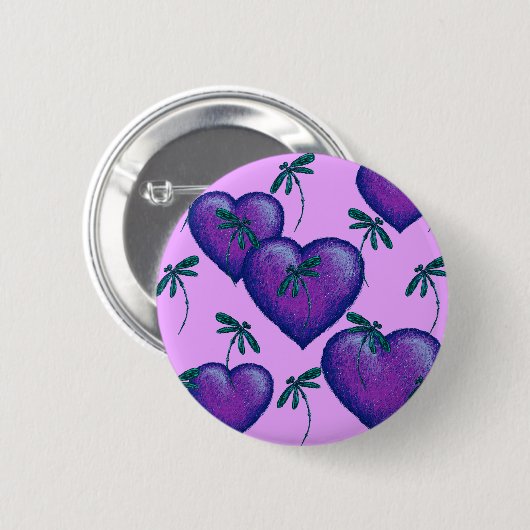 Paarse harten en libellen ronde button 5,7 cm (Voorkant /achterkant)