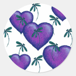 Paarse harten en libellen ronde sticker