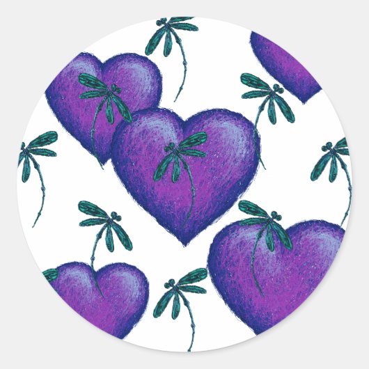 Paarse harten en libellen ronde sticker (Voorkant)