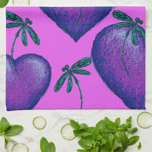 Paarse harten en libellen theedoek (Gevouwen)