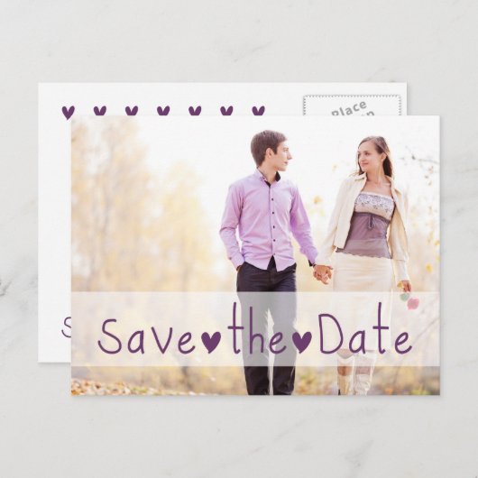 Paarse Harten Foto Bewaar de Datum Aankondigingskaart (Voorkant / Achterkant)