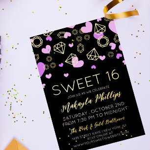 Paarse harten & gouden edelstenen Sweet 16 Folie Uitnodiging