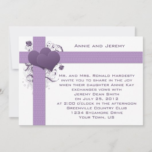 Paarse harten op damasten strepen trouwkaart kaart (Voorkant)