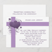 Paarse harten op damasten strepen trouwkaart kaart (Voorkant / Achterkant)