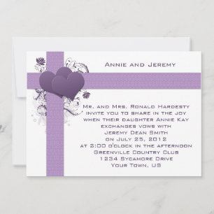 Paarse harten op damasten strepen trouwkaart kaart