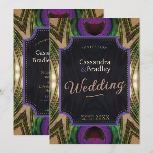 Paarse harten pauw veren groene gouden gloed kaart (Voorkant / Achterkant)