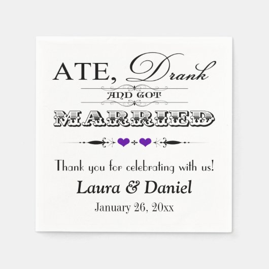 Paarse harten, Scrolls Wedding Napkins Servetten (Voorkant)