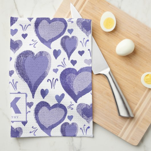 Paarse harten tekenen monogram theedoek (Quarter Fold)
