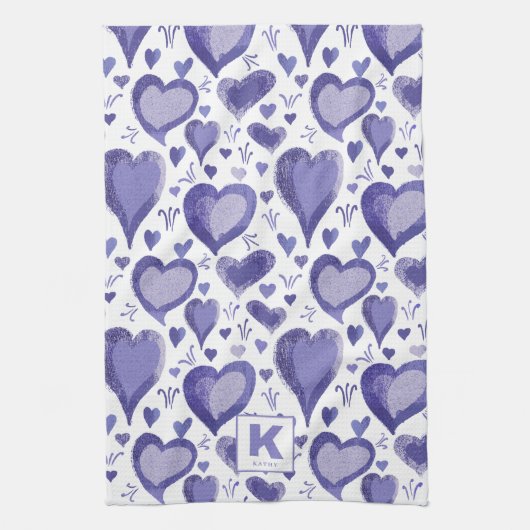 Paarse harten tekenen monogram theedoek (Verticaal)