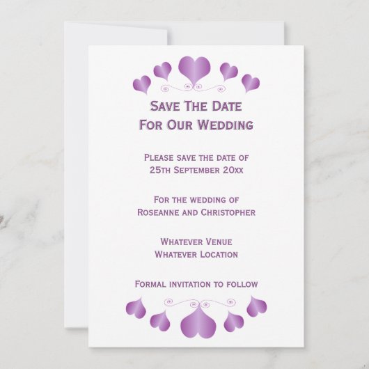 Paarse Hartjes Ontwerp Bruiloft Save The Date (Voorkant)