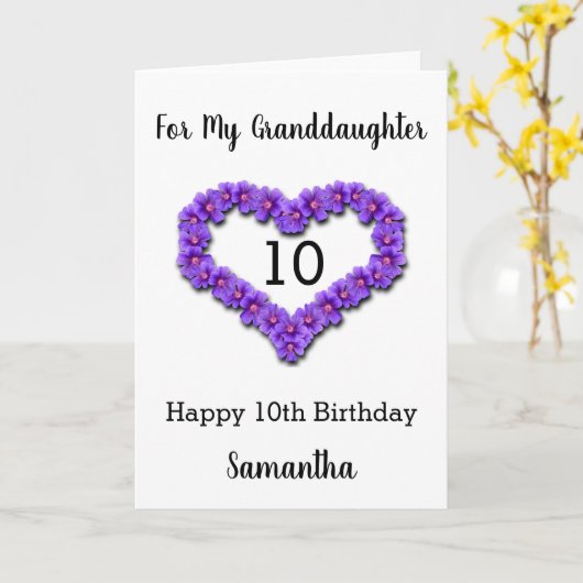 Paarse hartklep 10e verjaardag kleindochter kaart (Gele Bloem)