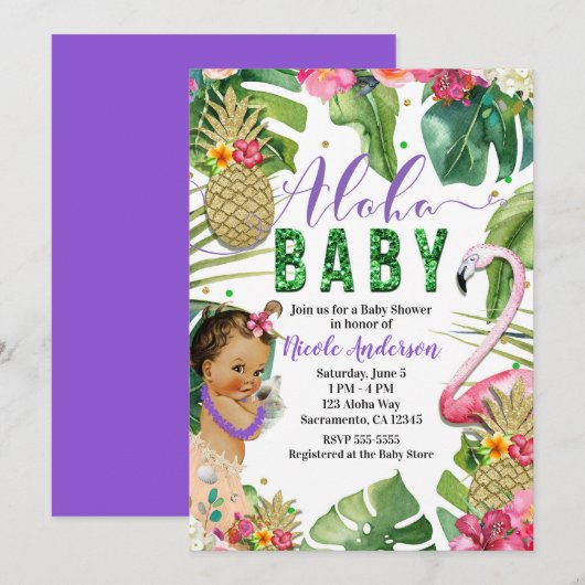 Paarse Hawaiiaanse Aloha Tropische Baby  Douche Kaart (Voorkant / Achterkant)