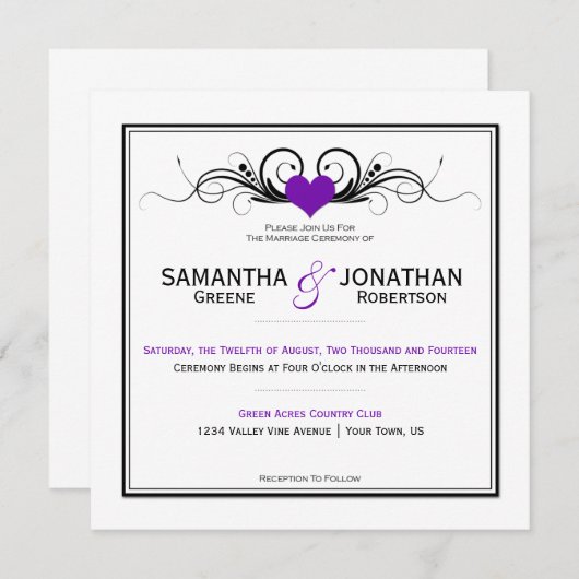 Paarse Heart Black Swirls White Weddenschap Kaart (Voorkant / Achterkant)