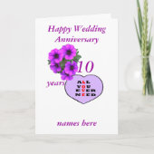 Paarse Heart en bloemen Jubileum voegen namen toe; Kaart (Voorkant)