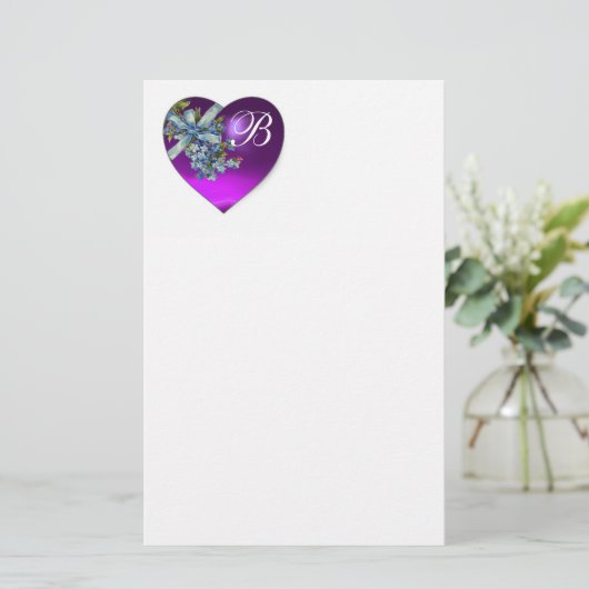 PAARSE HEART EN VERGETEN ME NOTS MONOGRAM BRIEFPAPIER (Staand voorkant)