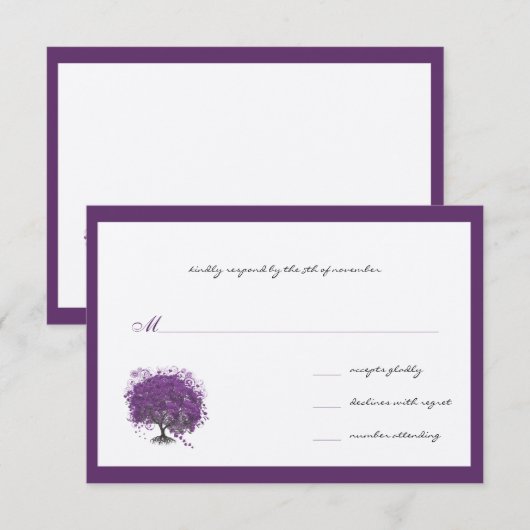 Paarse heart Leaf Tree Borders Weddenschappen uitn RSVP Kaartje (Voorkant / Achterkant)