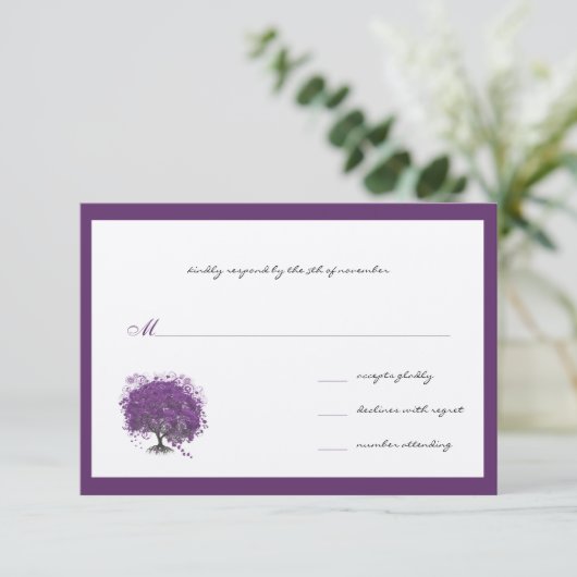Paarse heart Leaf Tree Borders Weddenschappen uitn RSVP Kaartje (Staand voorkant)