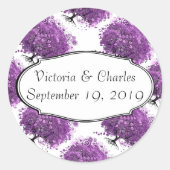 Paarse Heart Leaf Tree Weddenschap Save the Date Ronde Sticker (Voorkant)