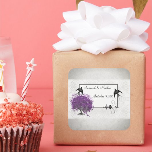 Paarse Heart Leaf Tree Weddenschappen Vierkante Sticker (Feest)