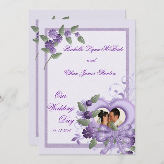 Paarse Heart Wedding Photo Invitation 5x7 Kaart (Voorkant / Achterkant)