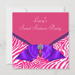 Paarse Heet Roze Zebra Sweet 16 Verjaardagsfeestje Kaart