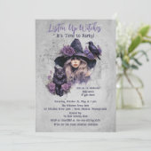 Paarse Heks Cat en Raven Halloween Party Kaart (Staand voorkant)