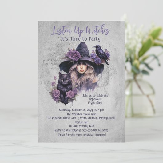 Paarse Heks Cat en Raven Halloween Party Kaart (Staand voorkant)