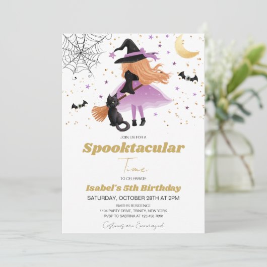 Paarse heks Halloween verjaardagsuitnodiging Kaart (Staand voorkant)