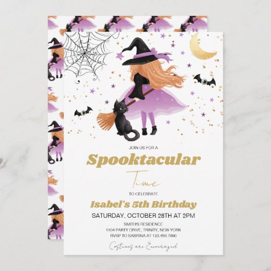 Paarse heks Halloween verjaardagsuitnodiging Kaart (Voorkant / Achterkant)