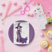 Paarse heks met bezem papieren bordje (Feest)