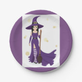 Paarse heks met bezem papieren bordje (Voorkant)