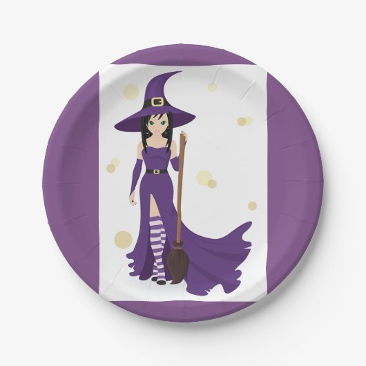 Paarse heks met bezem papieren bordje (Voorkant)