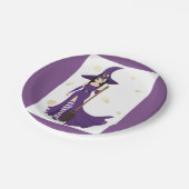 Paarse heks met bezem papieren bordje (Gekanteld)