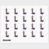 Paarse heks met bezem ronde sticker (Vel)