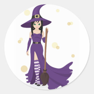 Paarse heks met bezem ronde sticker
