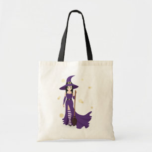 Paarse heks met bezem tote bag